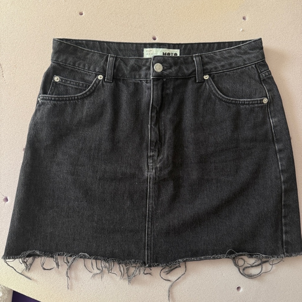 Topshop Black Raw-Hem Denim Mini Skirt